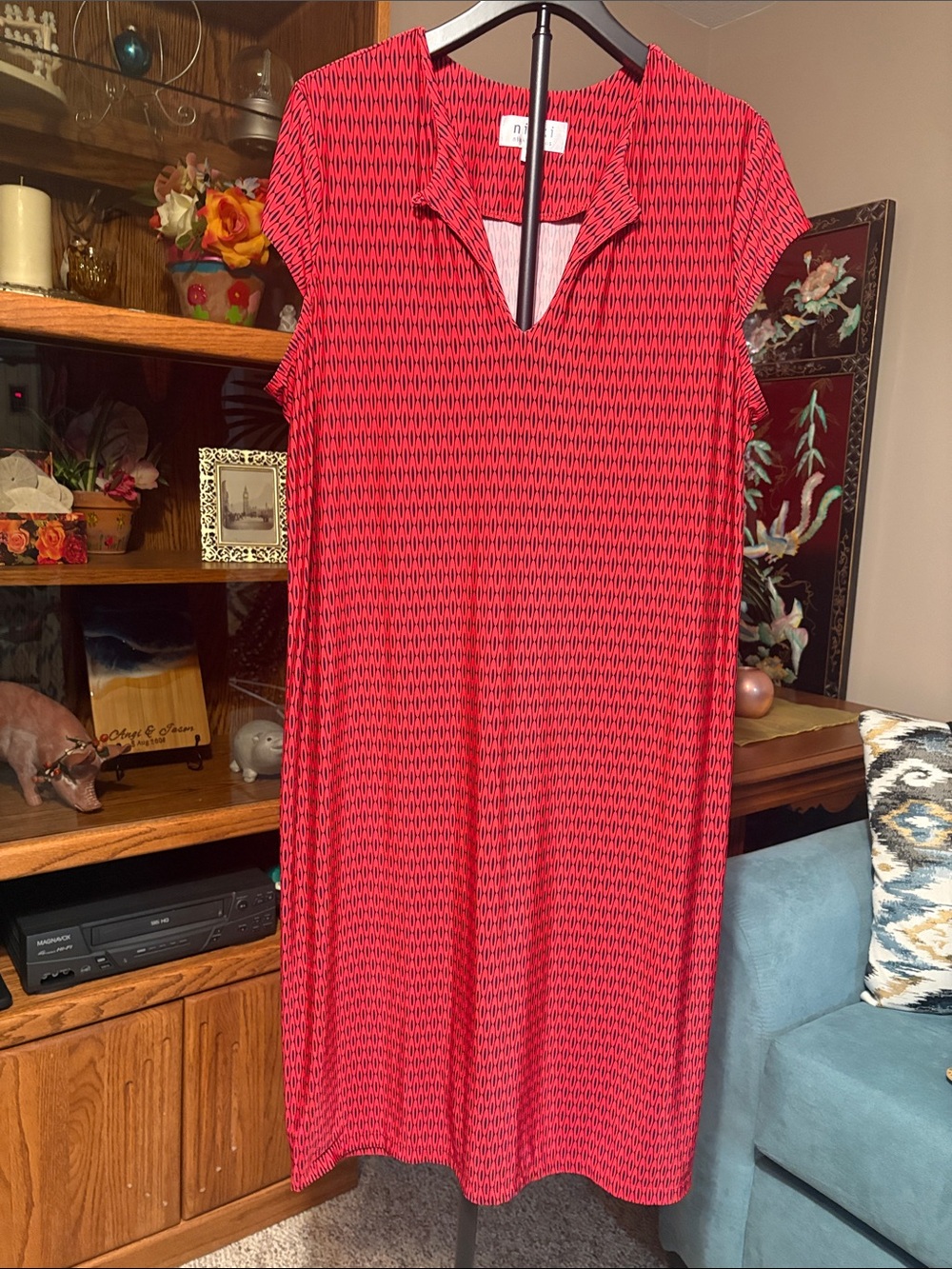 Red & Black V-Neck Women's Dress